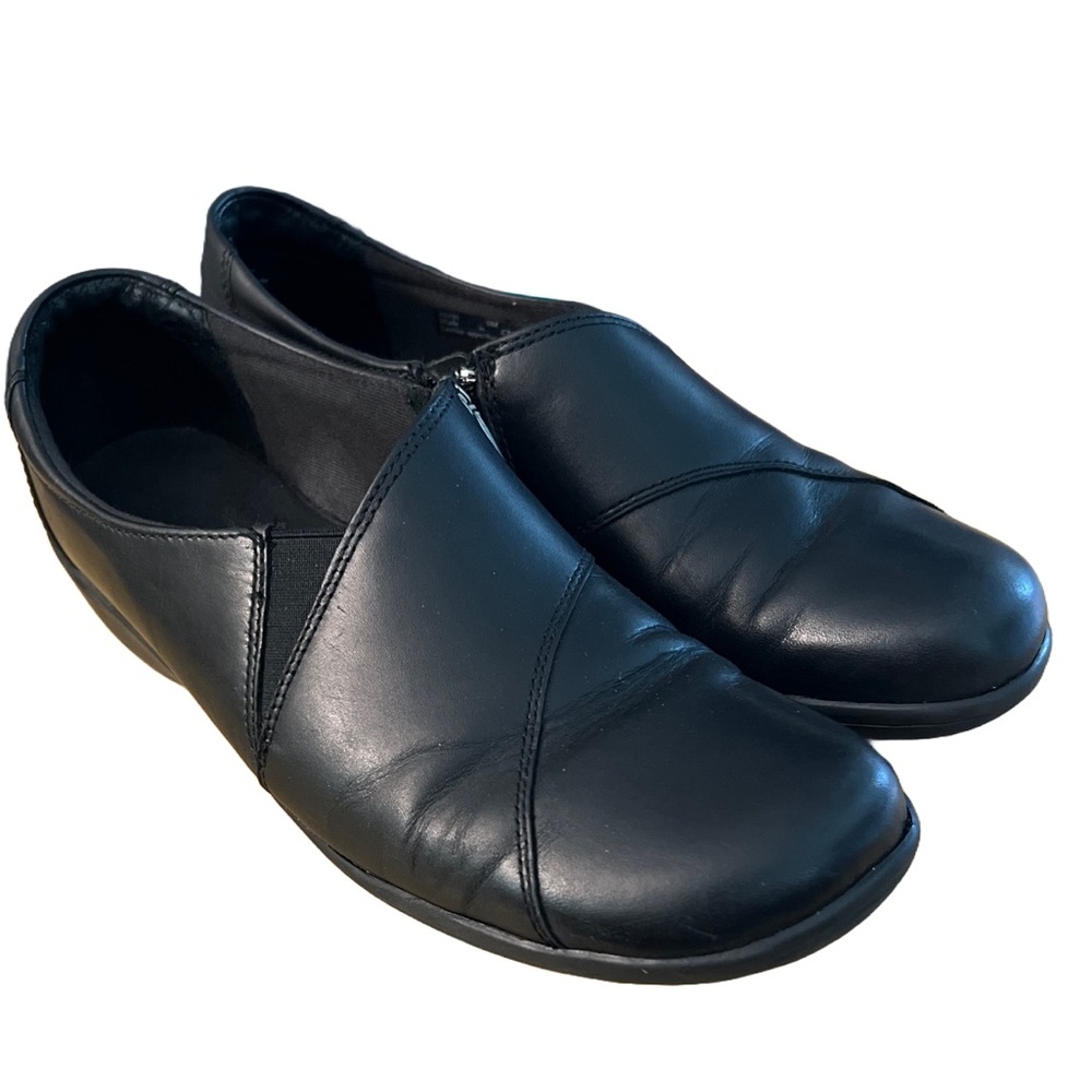 Clarks Womans, Black Leather Slip On Comfort Shoes, Zip Side, Size 9M, #62930